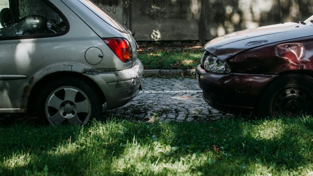 Two cars parked side by side on a grassy area, surrounded by greenery and open space.