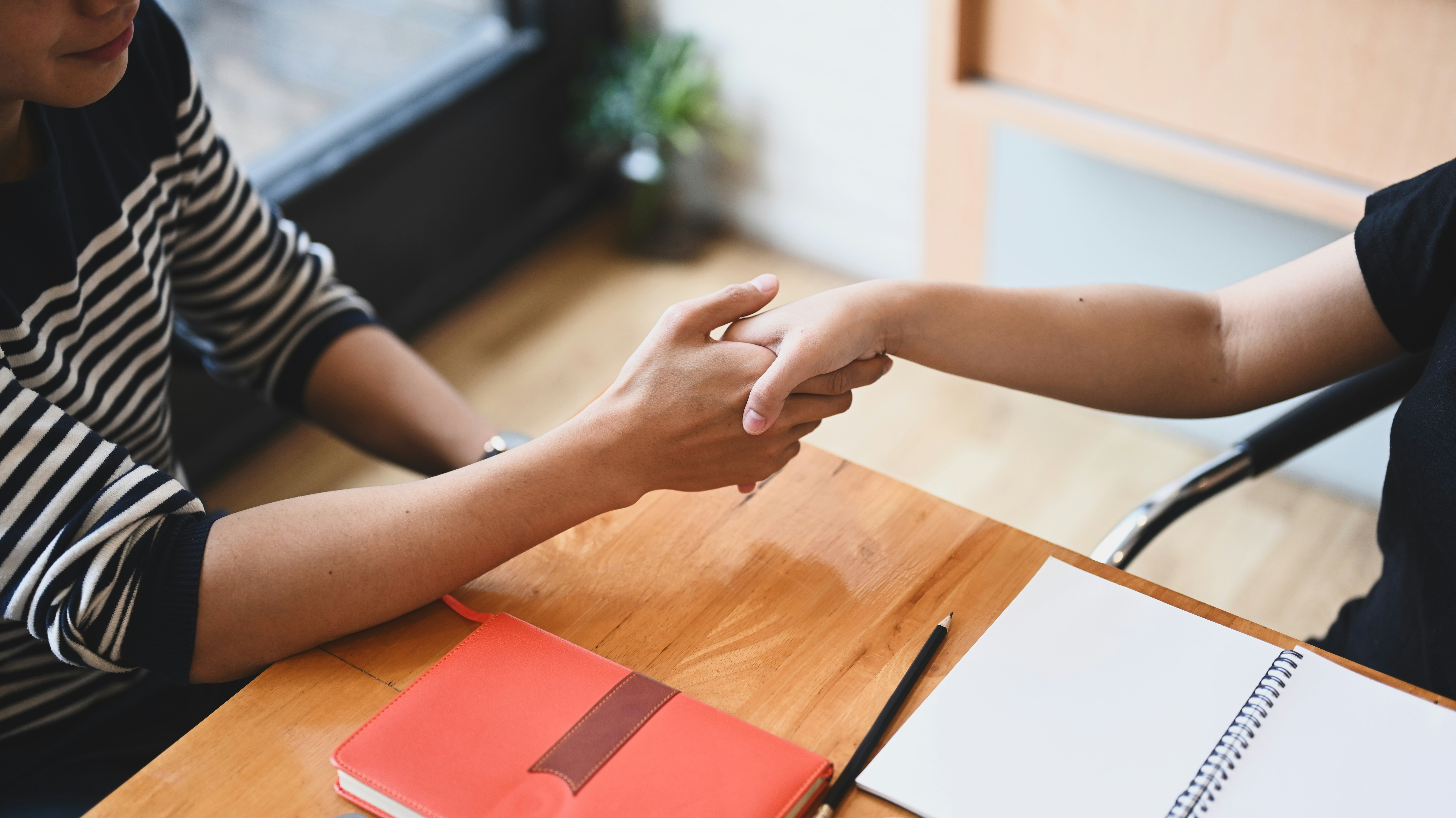 Two individuals shaking hands across a table, symbolizing agreement or partnership.